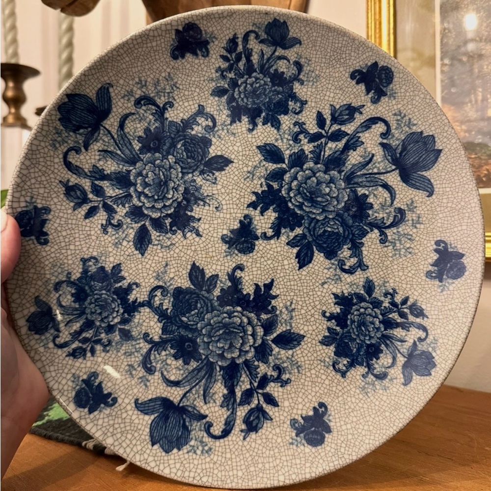 Vintage Bombay Blue Floral Ceramic Plate with Crackled Crazing